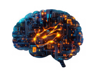 Futuristic electronic brain with glowing circuits, isolated on transparent cutout background
