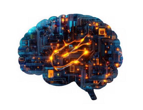 Futuristic electronic brain with glowing circuits, isolated on transparent cutout background
