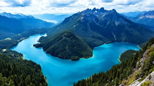 lake in the mountains video, mountain landscape with lake and mountains video, mountain landscape with lake video, ariel view of mounatins, ariel view of lake, generated with ai