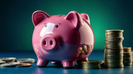 Pink Piggy Bank with Stacks of Coins Savings Goal