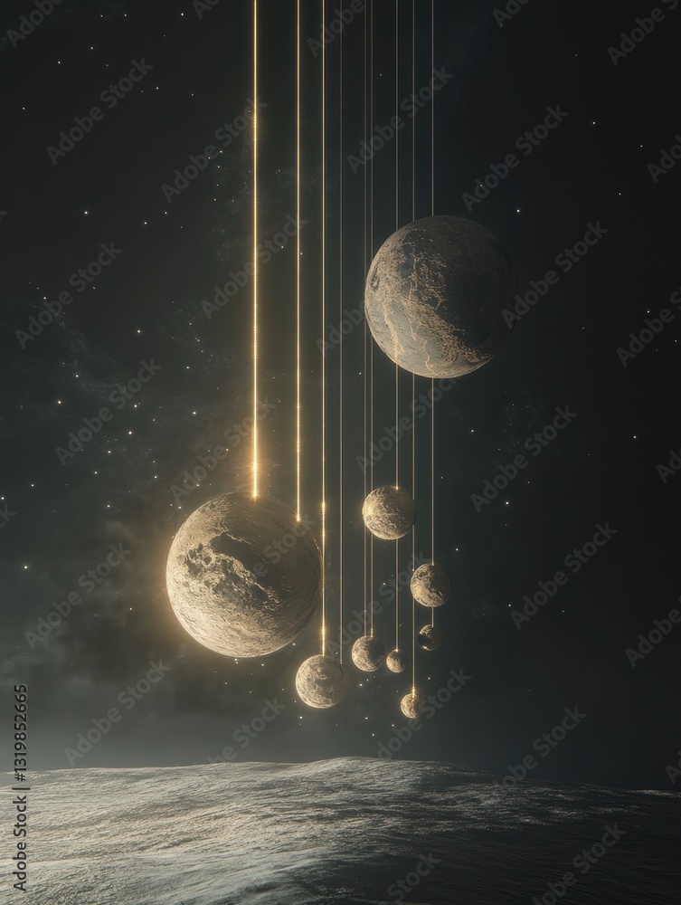 Poster exploration of multiple interconnected virtual worlds represented by spheres illuminated by light be