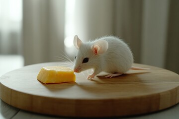 Fototapeta premium a small white mouse on a wooden board sniffs a piece of cheese