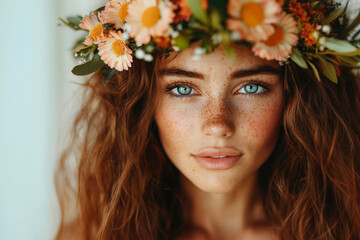 Naklejka premium Close-up portrait of a young woman with freckles and a flower crown, showcasing her natural beauty and radiant charm.