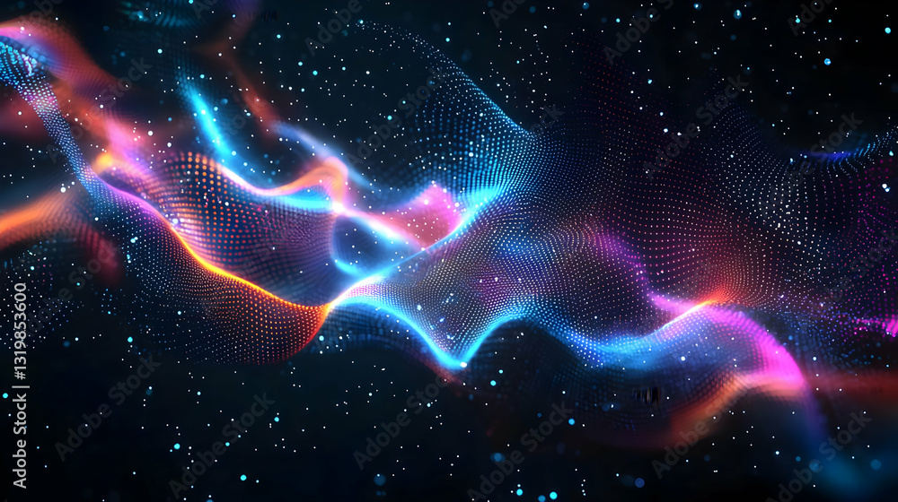 Poster vivid abstract wave of colorful particles flowing through space with bright neon glow and dynamic mo