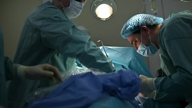 Skilled surgeons are performing a complex operation in a sterile operating room environment. radical resection of the mammary gland