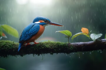 Vibrant kingfisher poised for a dive amidst spring rain and a faint rainbow backdrop