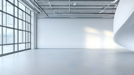 Fototapeta premium Modern White Interior With Large Windows Concrete Floor And Curved Wall Creating Light And Shadow