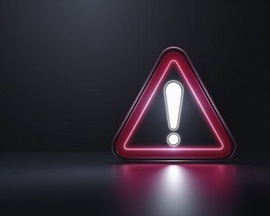 Glowing pink triangular warning sign with white exclamation mark, dark background, free space,  symbolizing alert, caution, or notification
