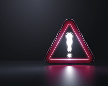 Glowing pink triangular warning sign with white exclamation mark, dark background, free space,  symbolizing alert, caution, or notification