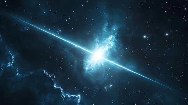 Distant quasar emitting powerful beams across the universe. Glistening Fog. Illustration