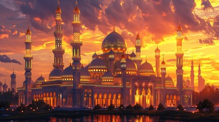 Naklejka premium Majestic Islamic architecture illustration showcasing an illuminated grand mosque at sunset with golden ornaments and a peaceful Ramadan ambiance