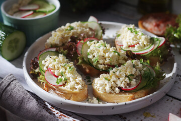 A plate with sandwiches with cottage cheese, radish and cucumber in rustic style	