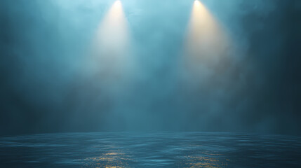 Moody blue background with golden glitter; spotlights create dramatic atmosphere. ideal for product displays, music, or fantasy themes. Glistening Fog. Illustration