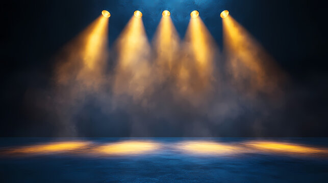 Moody blue background with golden glitter; spotlights create dramatic atmosphere. ideal for product displays, music, or fantasy themes. Glistening Fog. Illustration