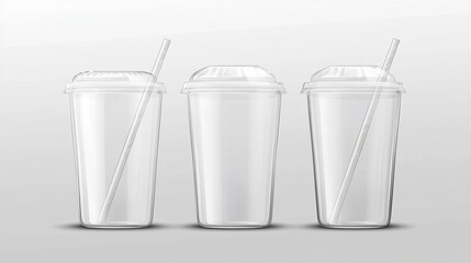 A realistic 3D vector mockup of a transparent plastic disposable cup set, shown in both opened and closed variations with a straw. 
