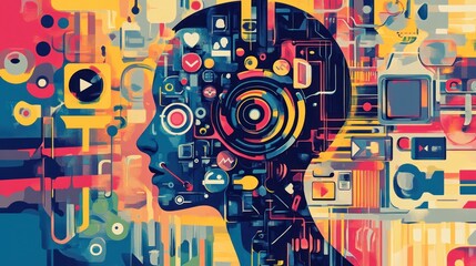 Abstract woman's head, digital art, technology, colorful background, art print