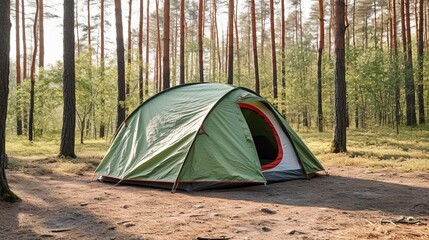 A photo of a camping tent in a forest