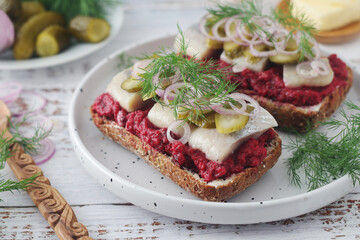 Scandinavian sandwiches with herring and beetroot	