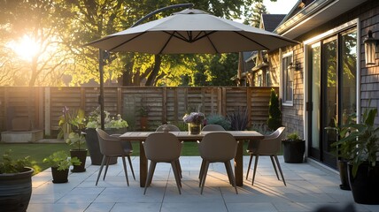 Obraz premium Sunny Suburban Patio with a Modern Outdoor Dining Setup