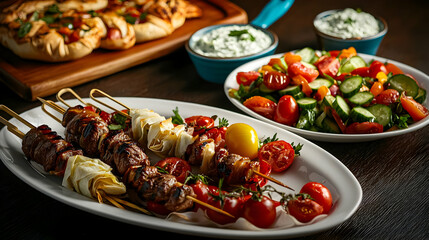 Assortment Of Grilled Meat And Vegetable Skewers With Fresh Salad And Dips Presented On A White Plate