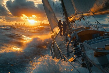 Sailing Crew Navigating Rough Seas at Sunset / sailing boat in the sunset.