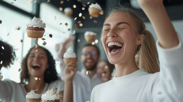 Celebrating a milestone with cupcakes and confetti in a conference room