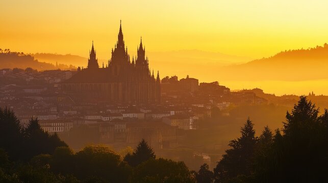 Majestic Hazy Sunset Over the Iconic Santiago de Compostela Cathedral: A Spiritual City Landscape