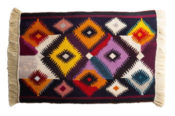 Handwoven kilim rug in tribal diamond patterns isolated on transparent white background