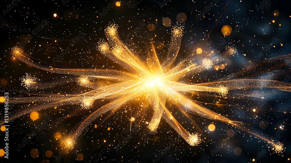 Poster golden explosion of light particles and bokeh effect on a dark background festive abstract golden gl