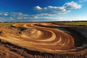 Fototapeta premium Sandy Motocross Track in a Scenic Landscape with Curves Underneath a Clear Sky