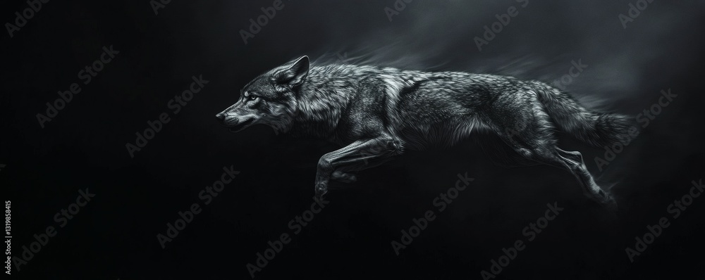 Poster a grayscale image depicts a running wolf in dynamic motion