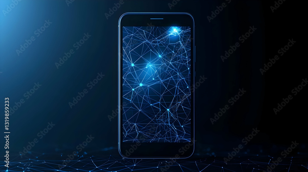 Poster illuminated smartphone displaying intricate network of connections in dark blue setting