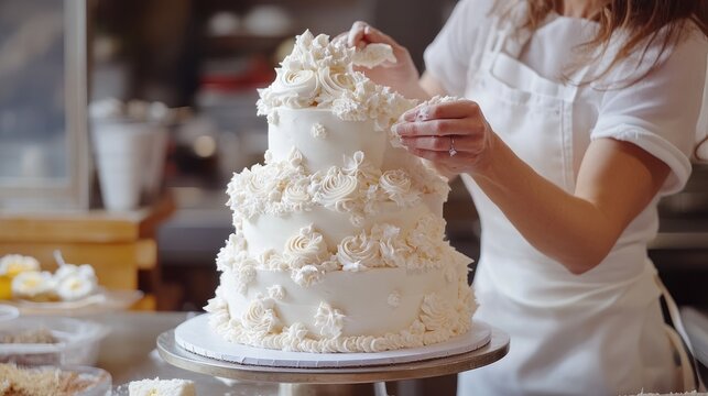 Woman in Bakery Skillfully Decorating Wedding Cake with Smooth White Fondant Icing