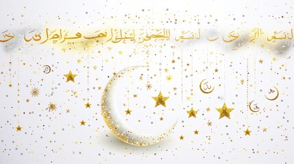Minimalist Eid Mubarak greeting design featuring crescent moon stars and Arabic symbols with an elegant gold and white color scheme perfect for festive cards and banners