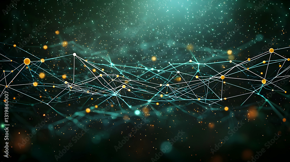 Poster abstract futuristic green blue plexus network mesh grid with golden particles on dark background wit