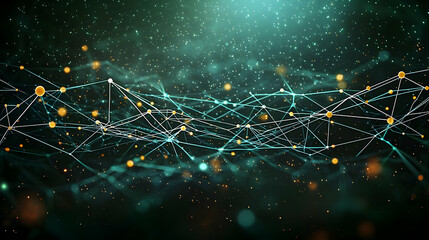 Abstract Futuristic Green Blue Plexus Network Mesh Grid With Golden Particles On Dark Background With Light Bokeh Effects