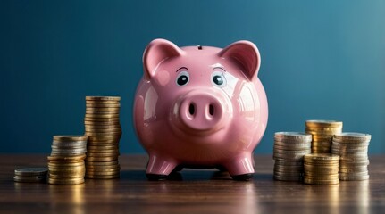 Pink Piggy Bank with Stacked Coins Saving Money Concept