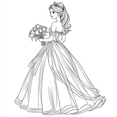 Fototapeta premium Elegant Princess Sketch: A beautiful princess, depicted in an intricate line art sketch, wearing a flowing ballgown, a tiara, and holding a bouquet of flowers, embodying classic fairytale charm.