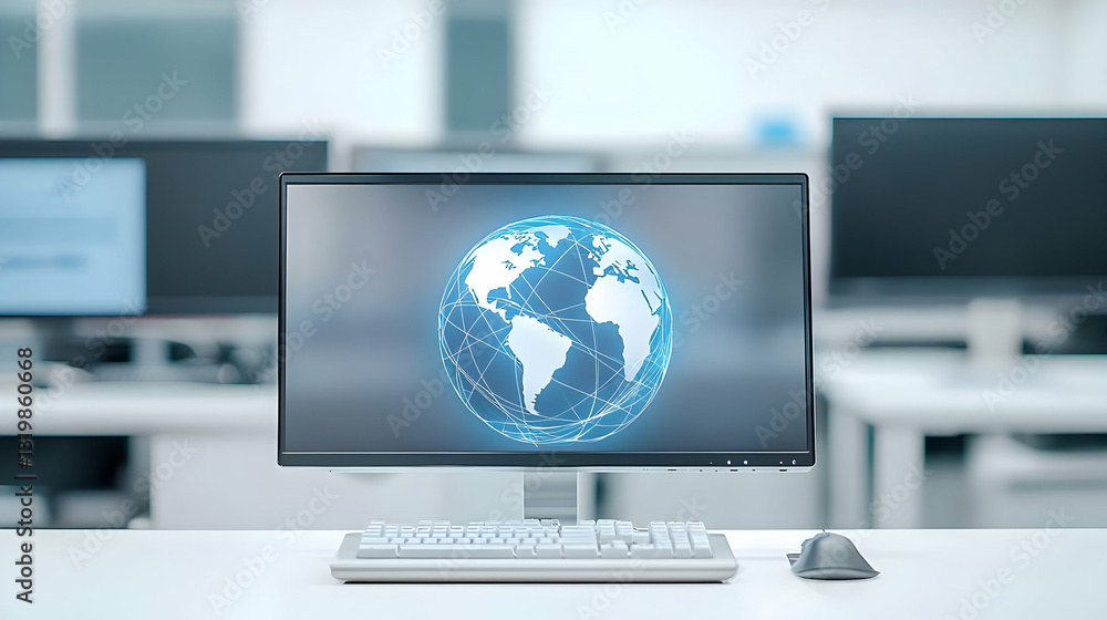 Poster glowing blue digital world map on a computer screen in a modern office setting with blurred backgrou