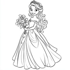Fototapeta premium Princess with Flowers Illustration: A beautifully detailed illustration of a princess, adorned with a crown and elegant gown, holding a bouquet of lilies. perfect for coloring book pages.