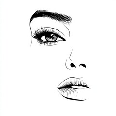 Fototapeta premium Elegance Embodied: A striking illustration of a woman's face, focusing on the eyes, eyebrows, nose, and lips. The monochromatic palette enhances the intricate linework.
