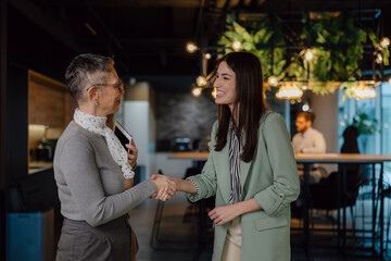 Two Professionals Smiling and Shaking Hands in a Modern Office Setting