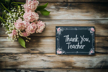 Elegant thank you teacher card with pink flowers on rustic wood.