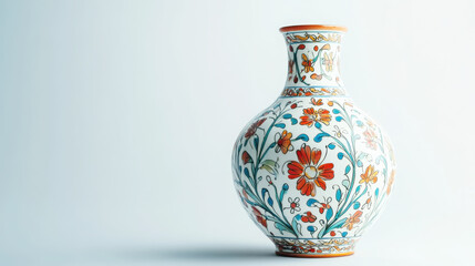 Elegant handmade ceramic vase with floral patterns in studio setting for interior decoration