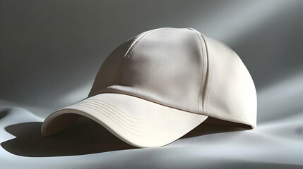 White Baseball Cap on a Light Gray Surface with Studio Lighting for Fashion Accessory and Apparel Presentation and Sports Fashion and Casual Modern Style