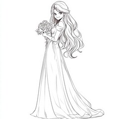 Fototapeta premium A Bride's Serene Grace: A sketch captures a bride's elegance, her flowing gown, and the delicate bouquet she cradles, conveying the anticipation of a new chapter.