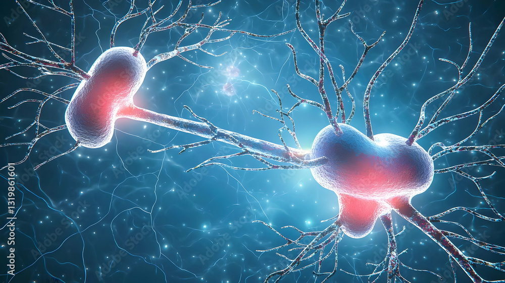 Poster two interconnected neurons with synapse on a blue background depicting neural communication in the b