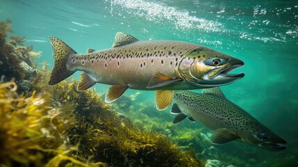 Naklejka premium Atlantic Salmon Navigating Strong River Currents in Norway's Scenic Ryfylke Region