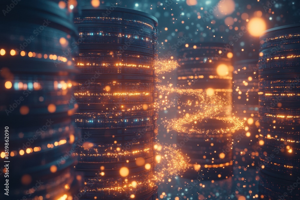 Poster digital data streams illuminating a futuristic server environment in vibrant colors