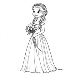 Fototapeta premium A young girl in a floral dress: the image features an adorable young girl in a fancy dress holding a bouquet, this monochromatic illustration evokes elegance and childhood, great for design project.